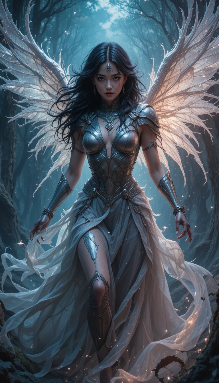 Winged warrior woman in misty enchanted twilight forest