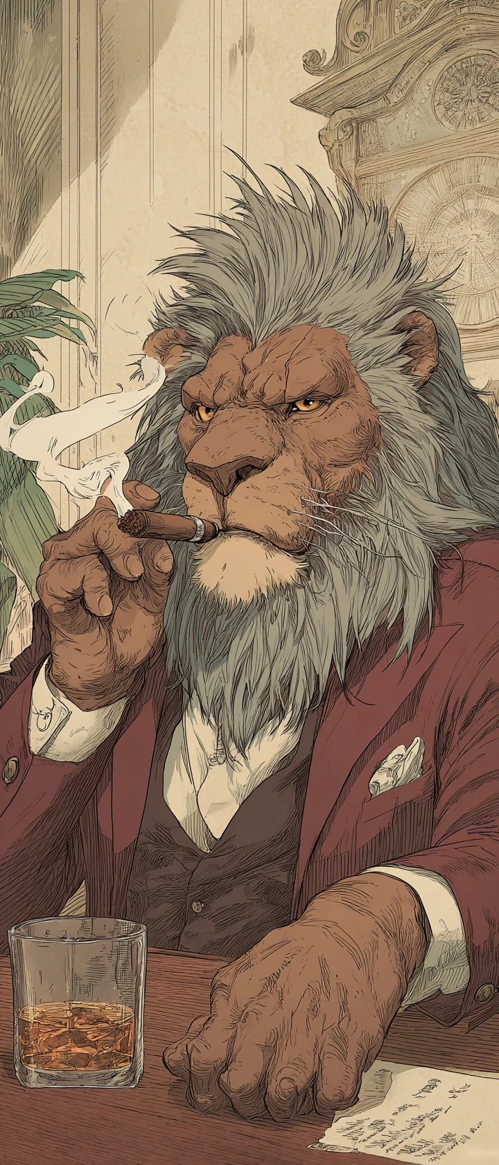 擬人化獅子黑幫老大在酒吧抽菸