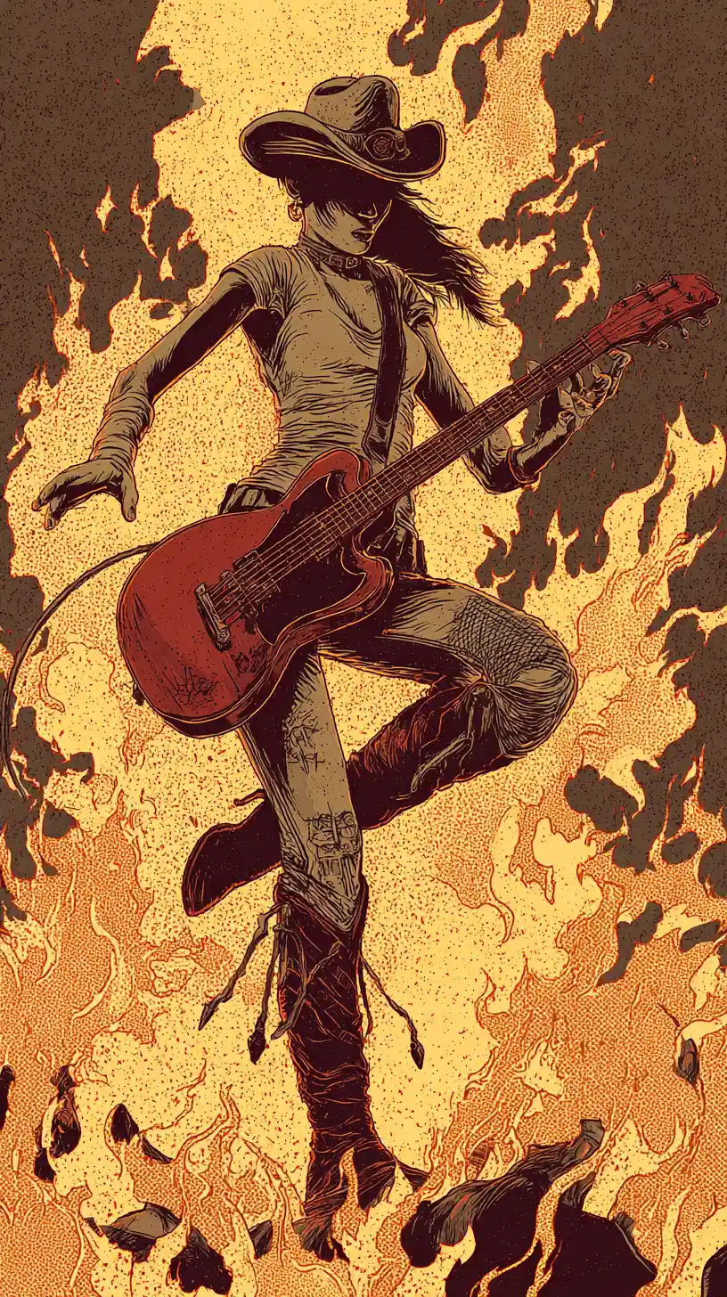 Cowgirl guitarist kneeling in flames with rock fantasy vibe