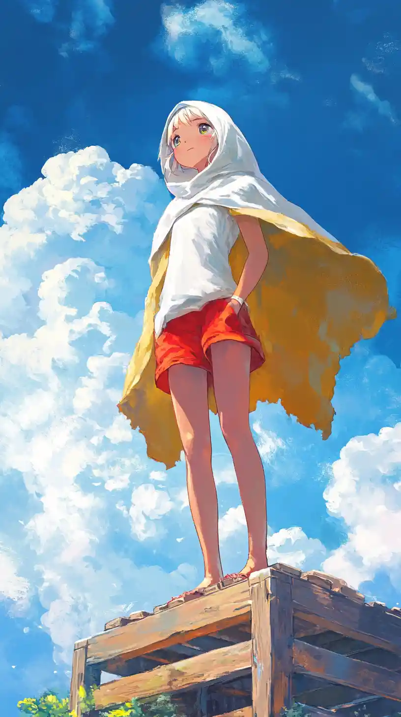 Fille d’anime en cape jaune debout sur une caisse en bois
