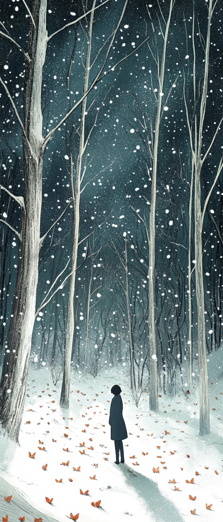 Anime figure in a silent forest of scattered origami