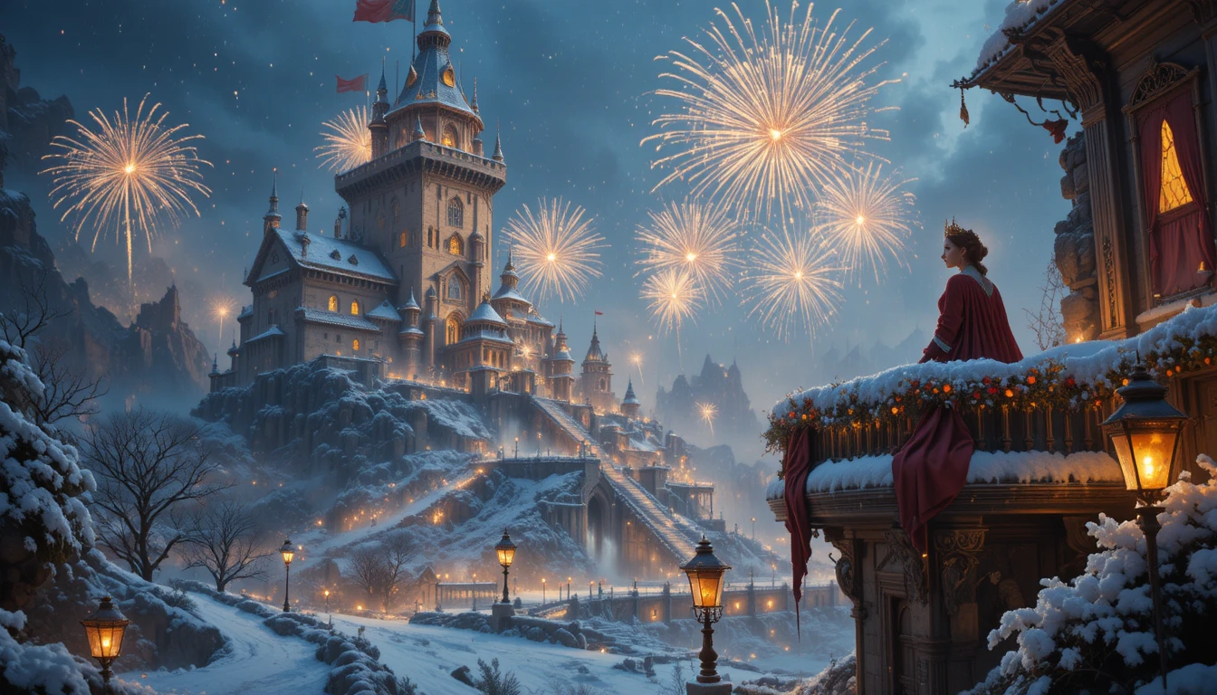 Reina contemplando fuegos artificiales sobre un castillo invernal resplandeciente
