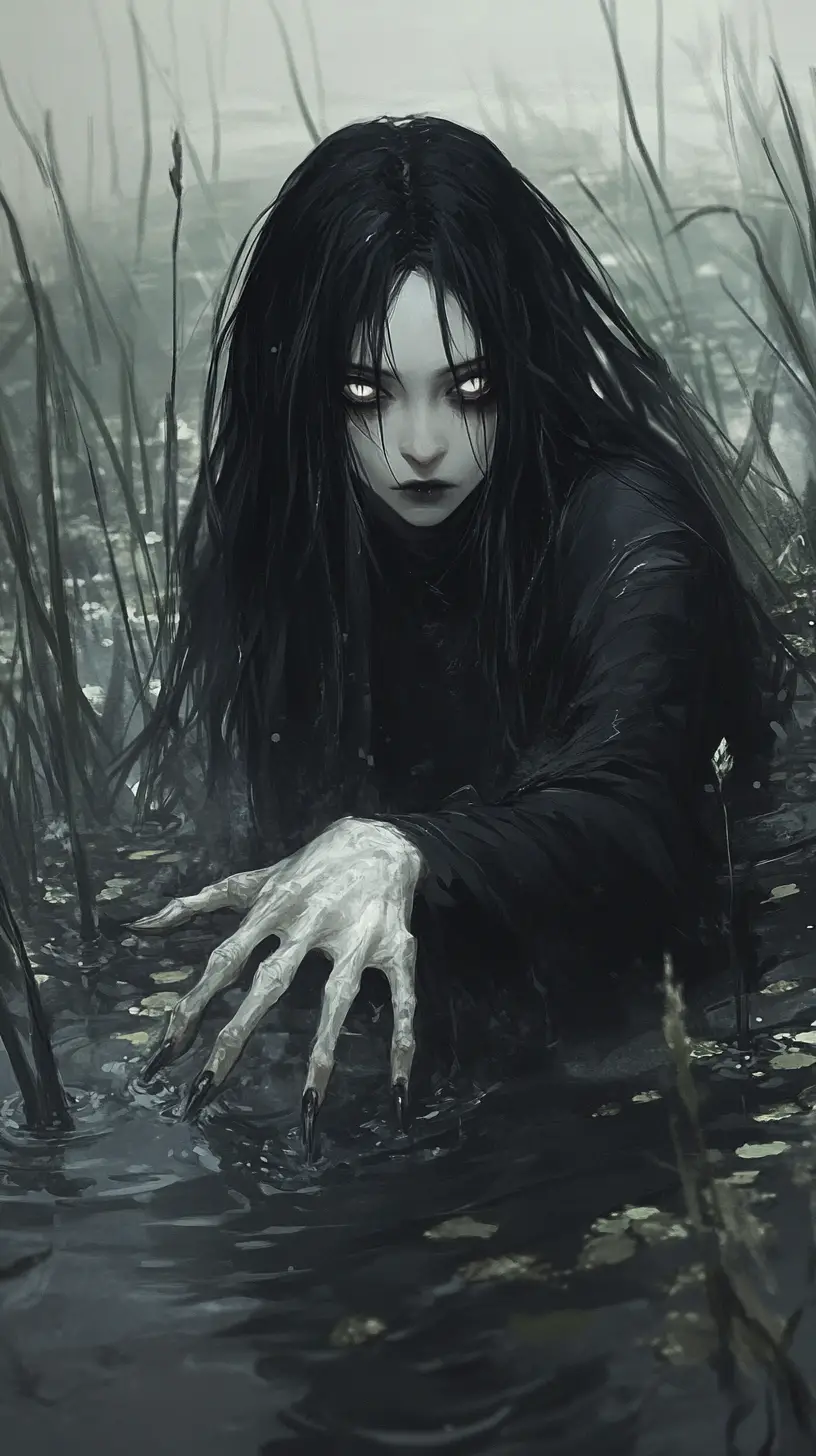 Ghostly woman emerging from a foggy marsh at night