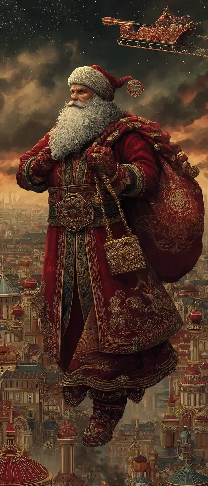 Steampunk Santa with gift bag in front of city skyline