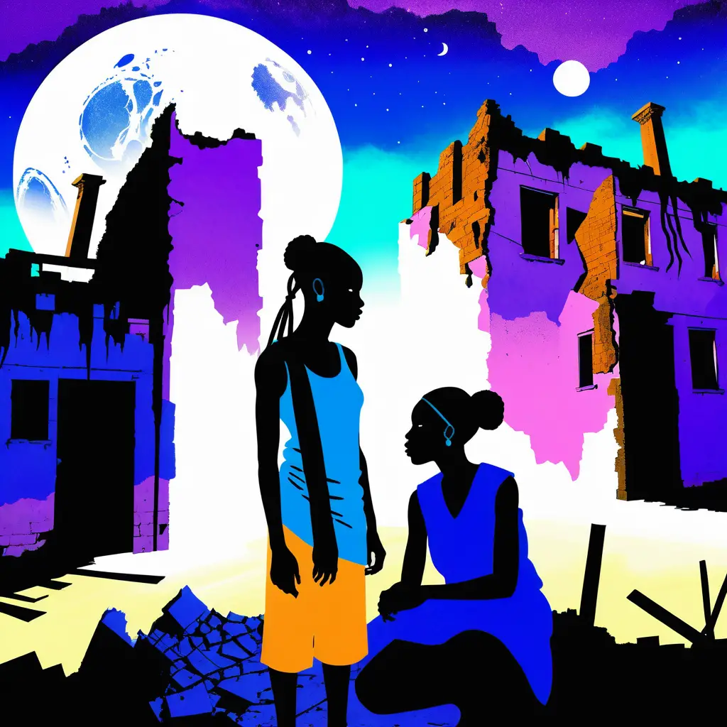 Deux femmes réparent des ruines sur un étrange monde extraterrestre