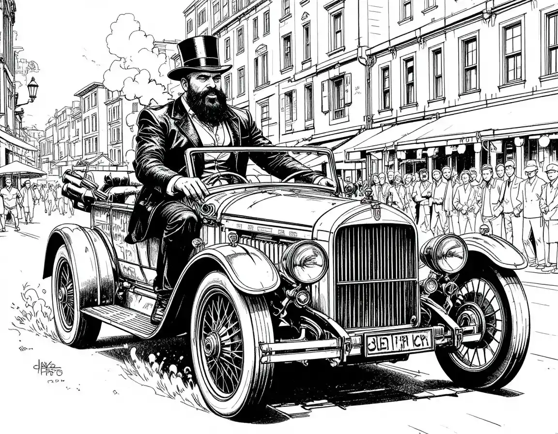 Bearded man in black suit driving vintage car in city
