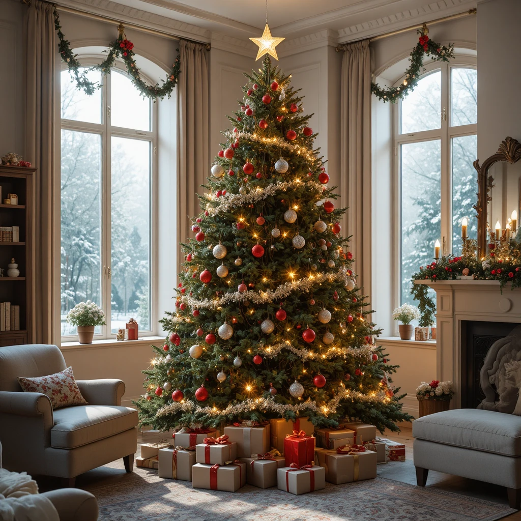Decorated Christmas tree with gifts in a cozy living room