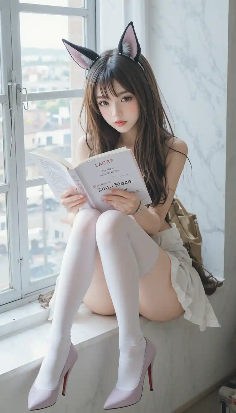 Anime-Mädchen mit Tierohren liest ein Buch am Fenster