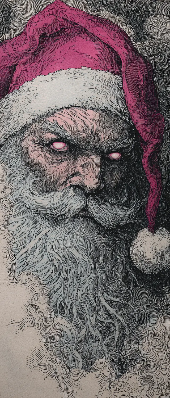 Portrait d’un Père Noël dystopique dans une brume éthérée d’inspiration punk
