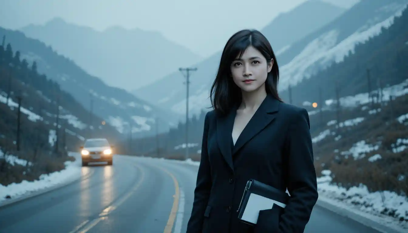 Calm professional woman on a winter mountain road