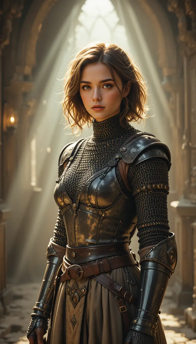 Young female knight in chainmail armor in warm light