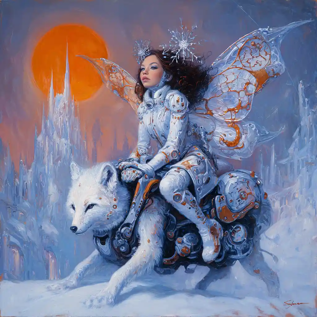 Cyberpunk winter fairy riding a robotic polar fox