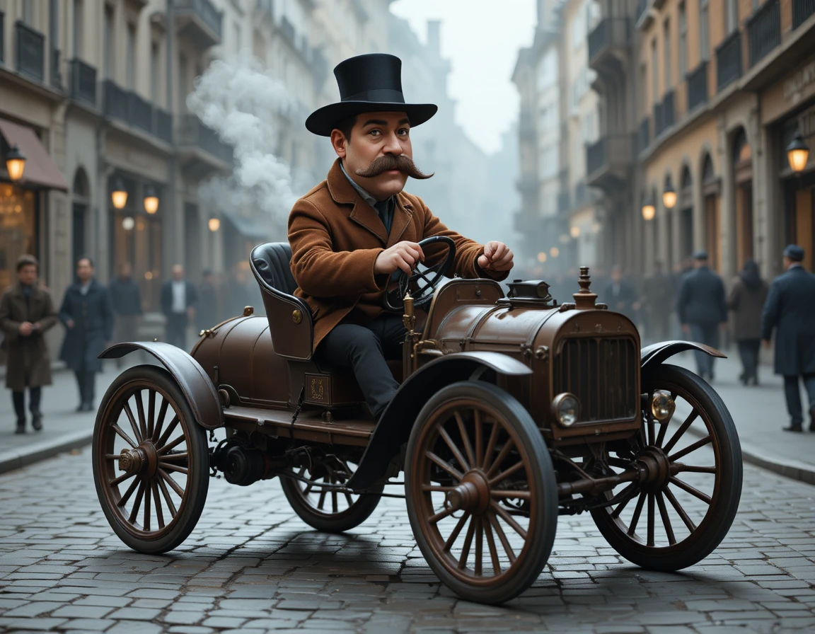 Vintage car driven by stern gentleman on cobblestone street