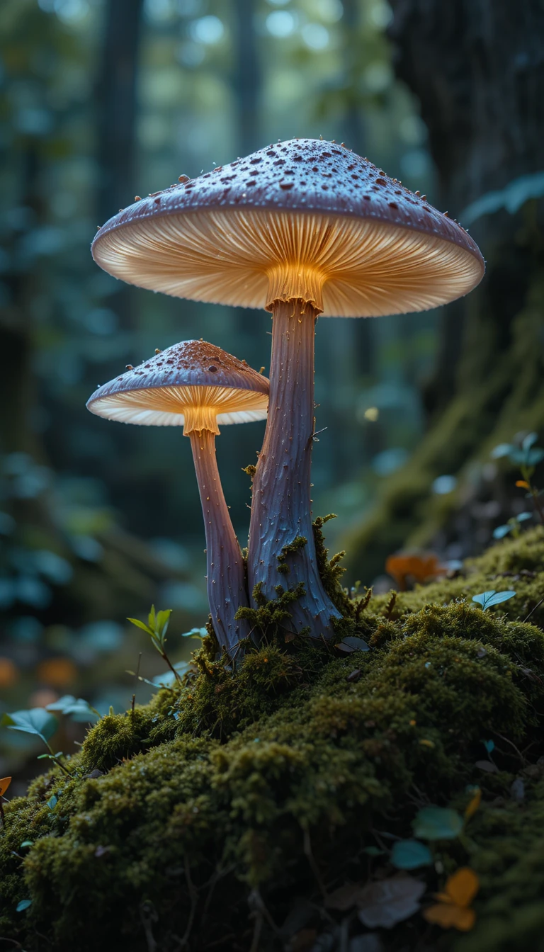 奇幻森林中苔蘚上的兩朵發光蘑菇