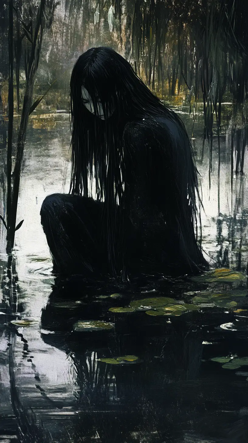Dark haired woman crouching in a moonlit marsh pool