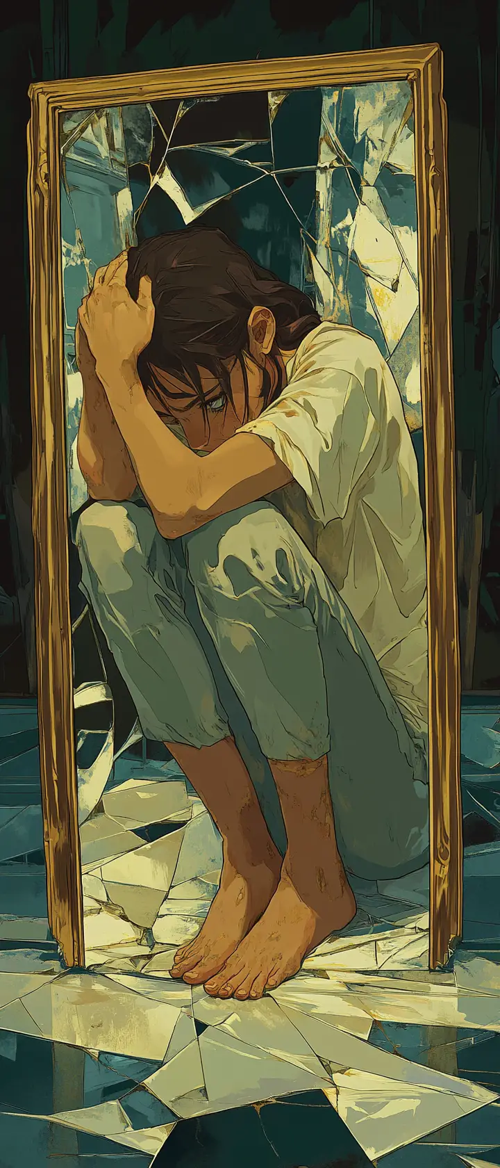 Anime girl hugging her knees before a cracked mirror
