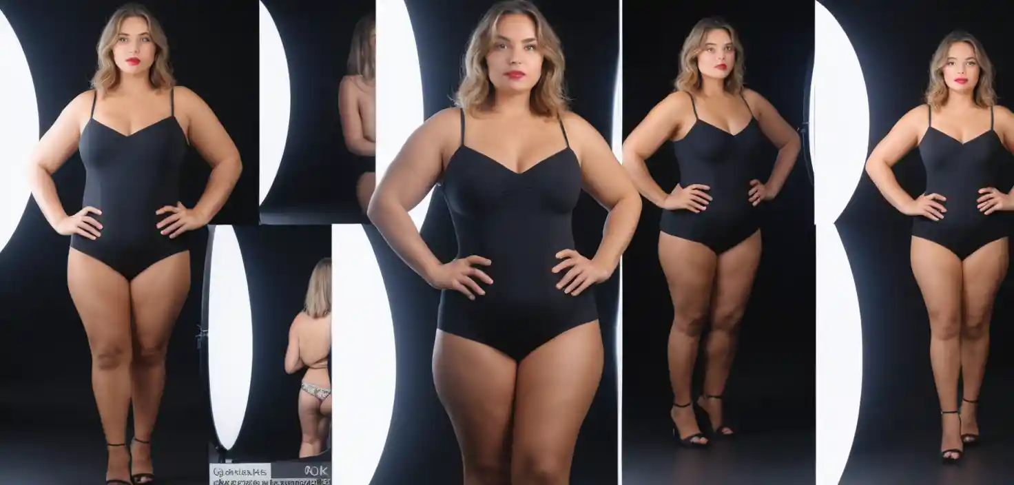 Beautiful curvy woman posing in a professional photo studio