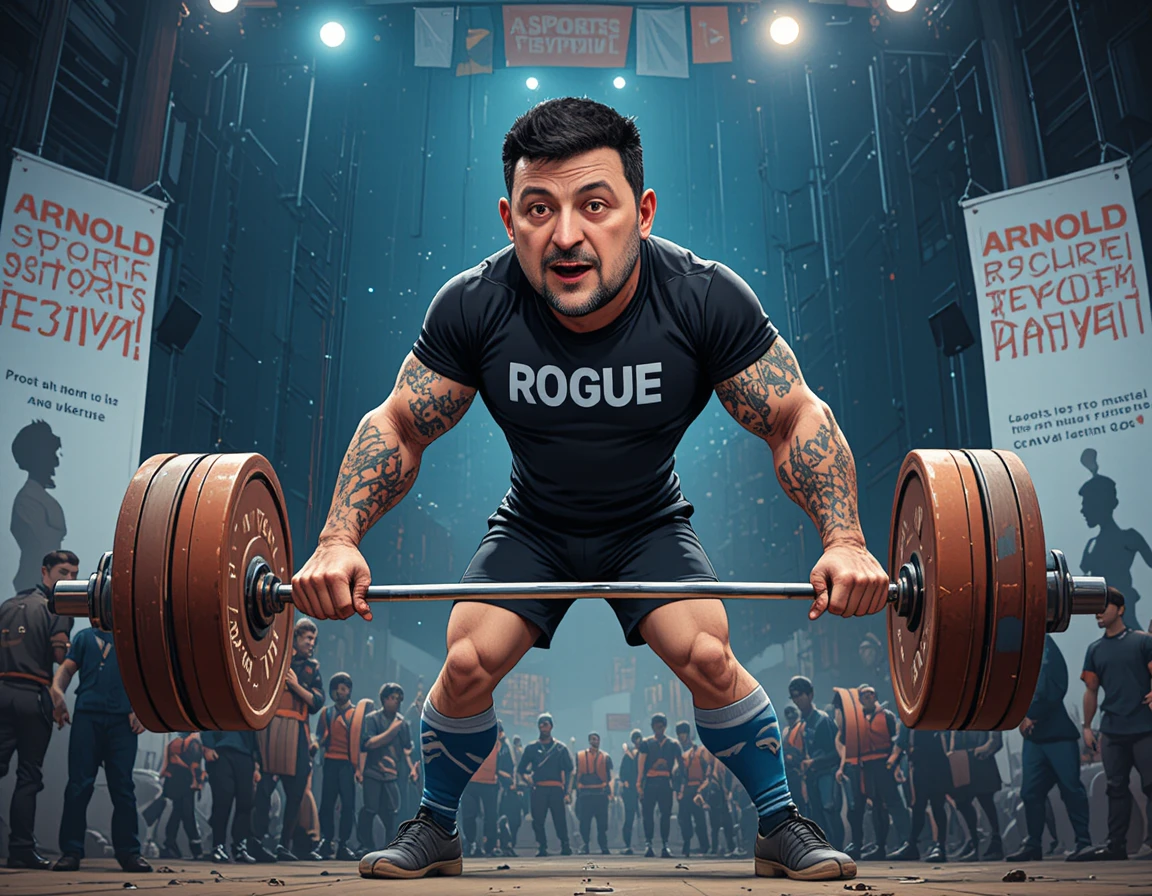 Muscular athlete deadlifting heavy barbell in arena