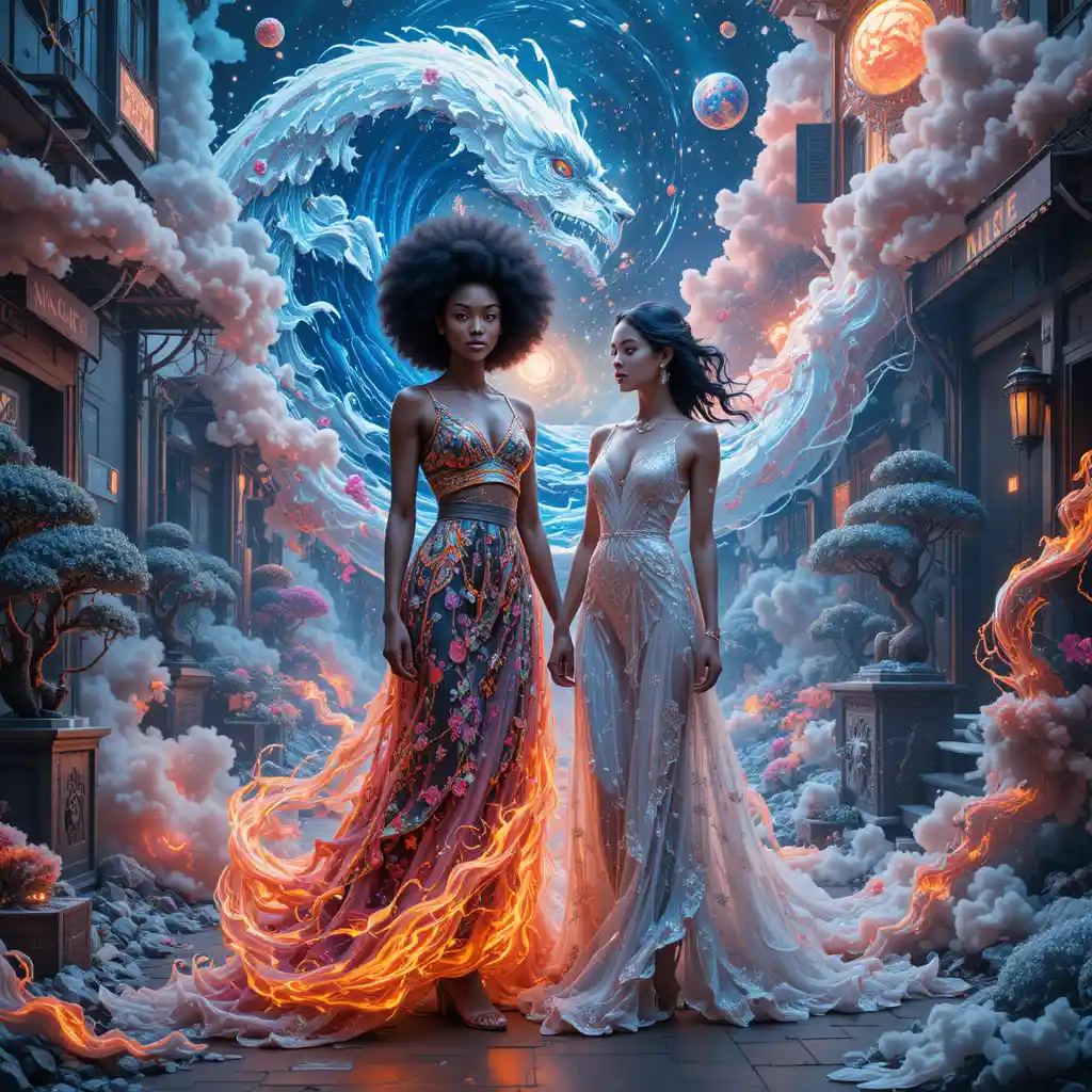 Afrocentric woman and Spanish girl in fiery icy street