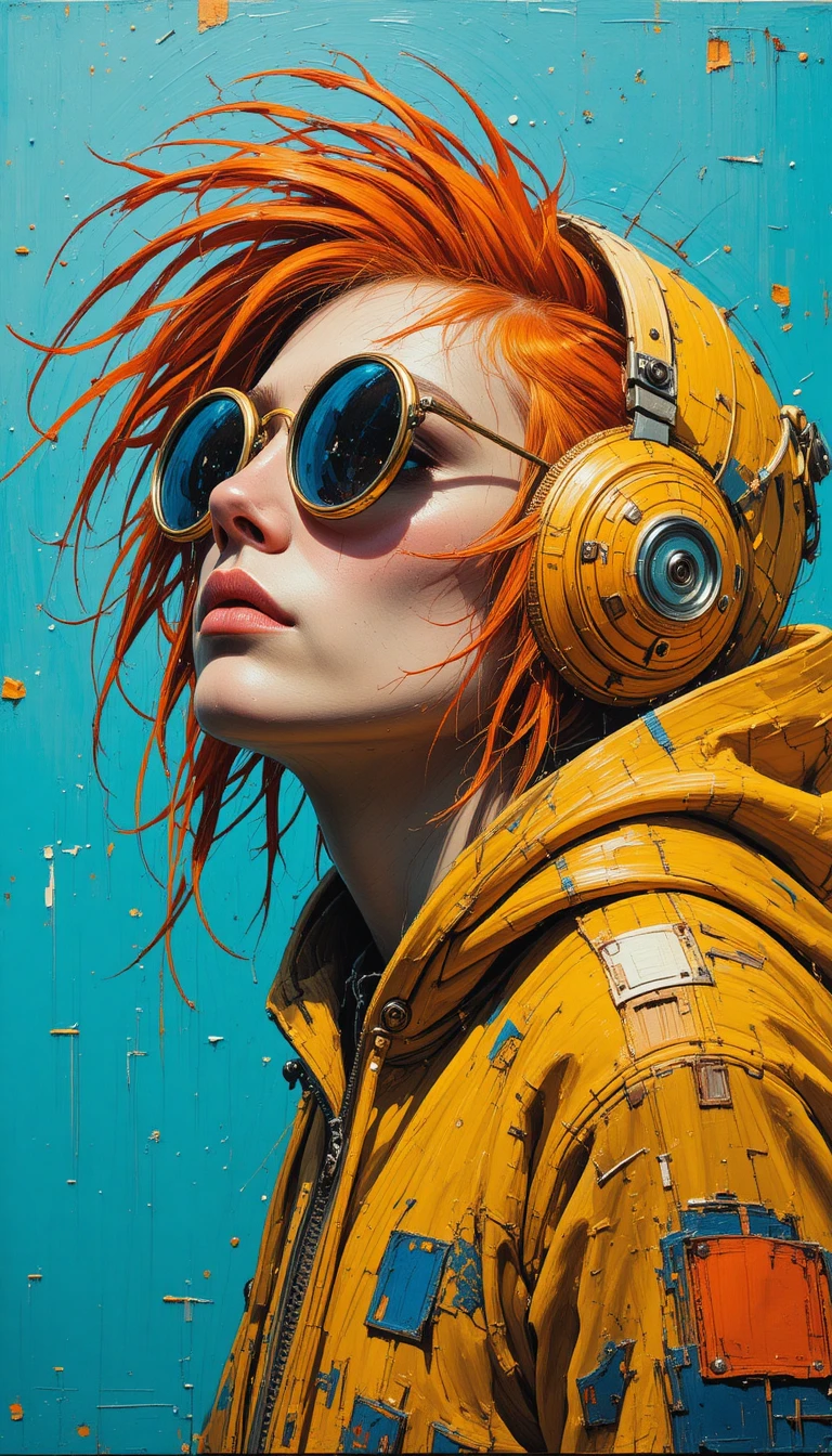 Expressionist portrait of quirky man in yellow aviator helmet