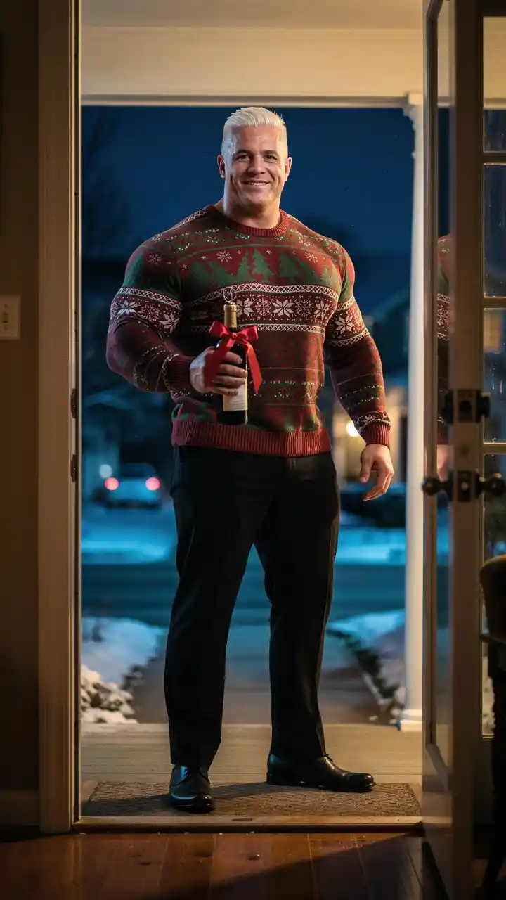 Hombre musculoso con suéter de Navidad enmarcado por la puerta principal abierta