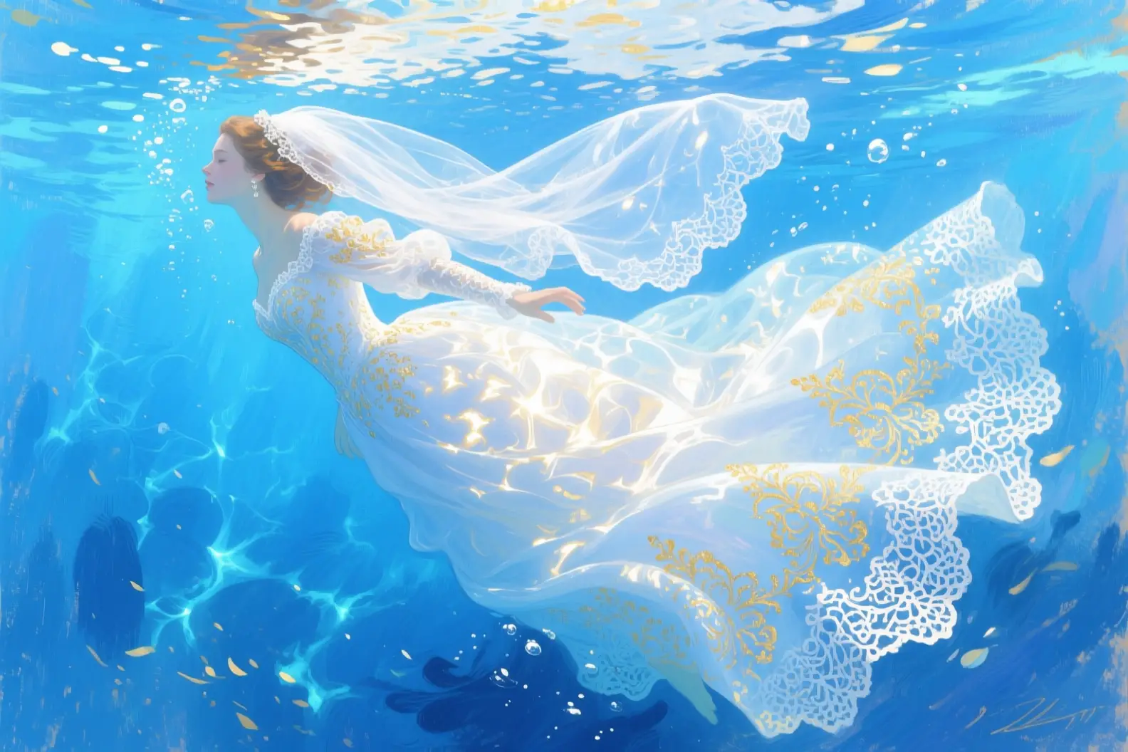 Bride Diving Gracefully Underwater In Flowing Wedding Gown