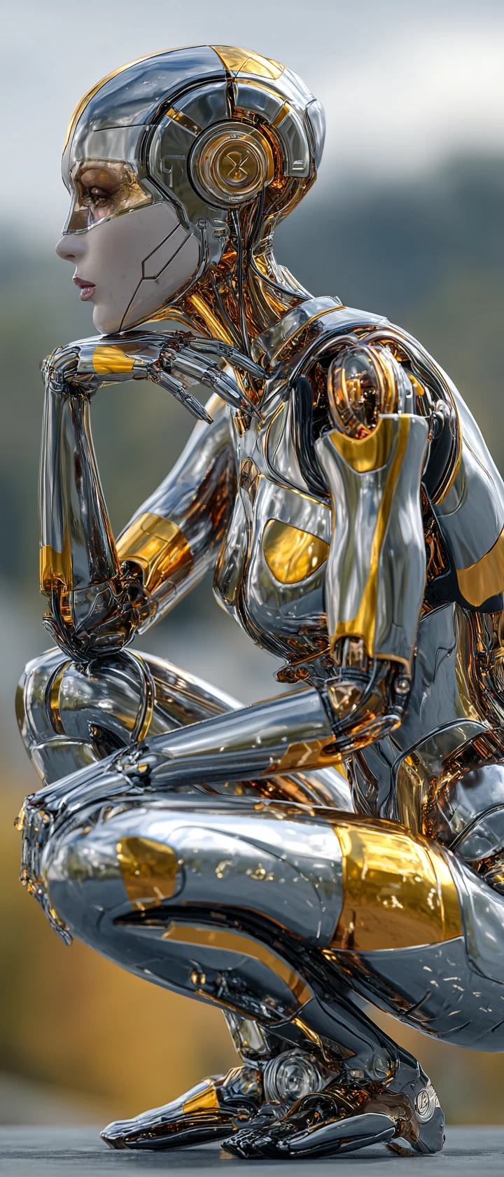 Futuristic female android in chrome and glass squatting gracefully