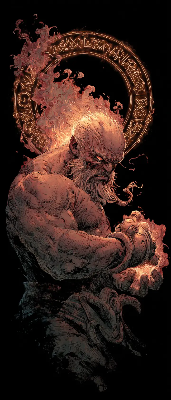 Demonic warrior bard wreathed in fire and infernal runes