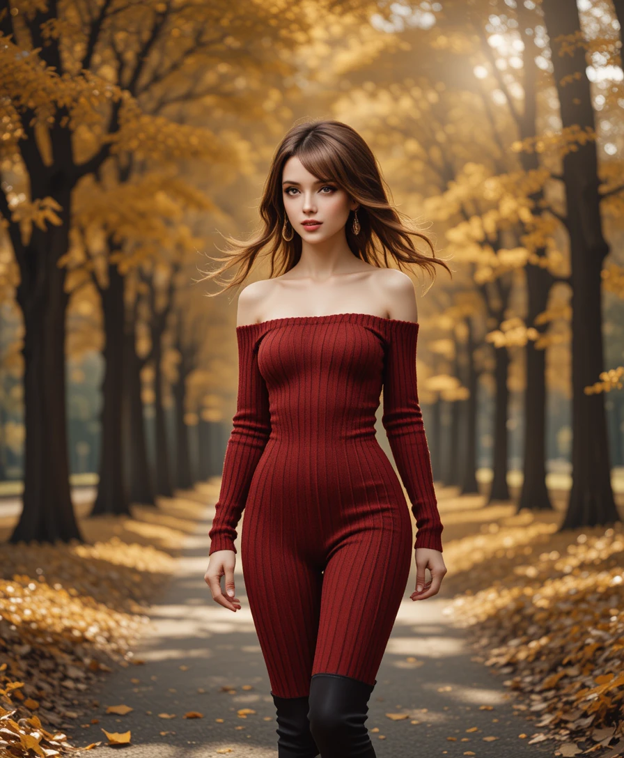 Confident woman walking through a sunlit autumn park path