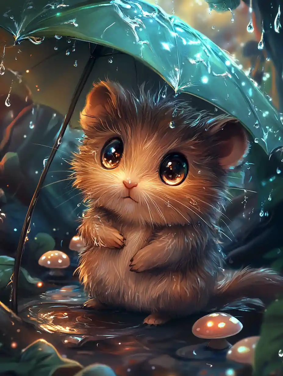 Süßes Baby-Wühlmaus unter einem Blattschirm im glitzernden Regen