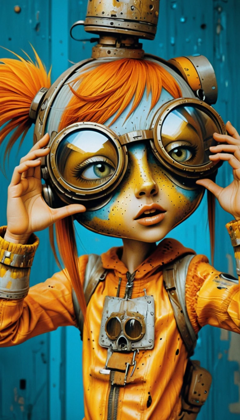 Whimsical portrait of an aviator with orange spiked hair
