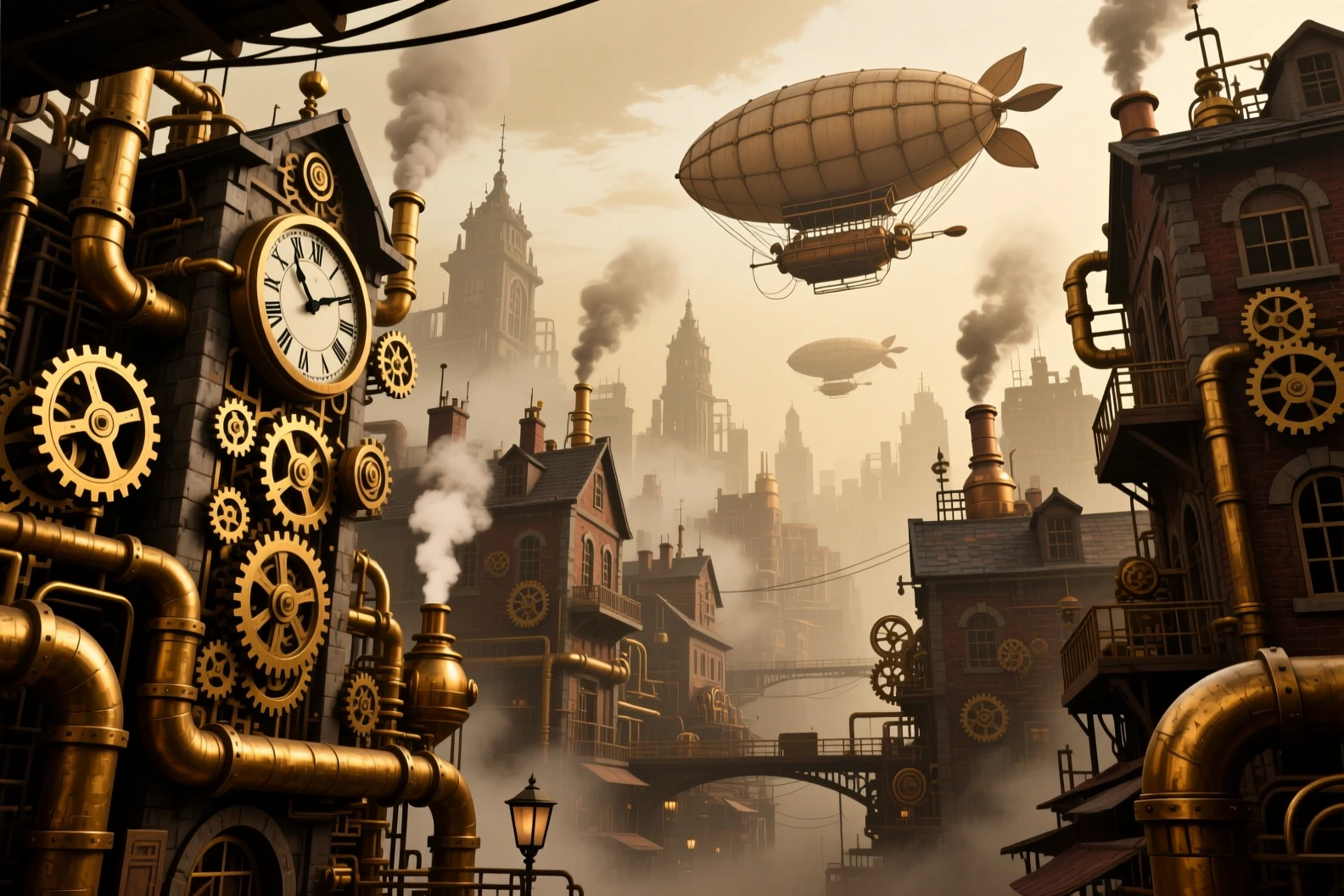 Gritty Steampunk City With Airships In A Sepia Sky
