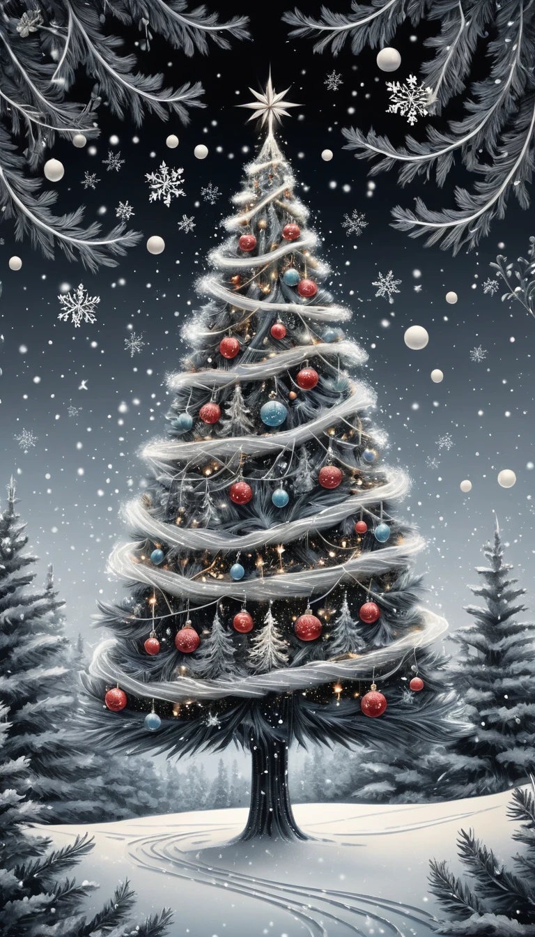 Whimsical ink Christmas tree in winter wonderland