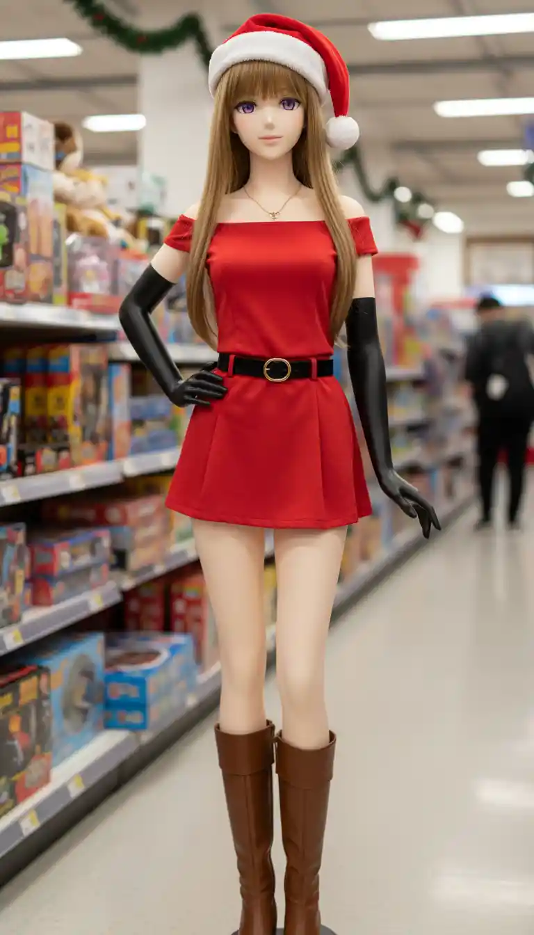 Short mannequin woman in festive santa outfit at toy store