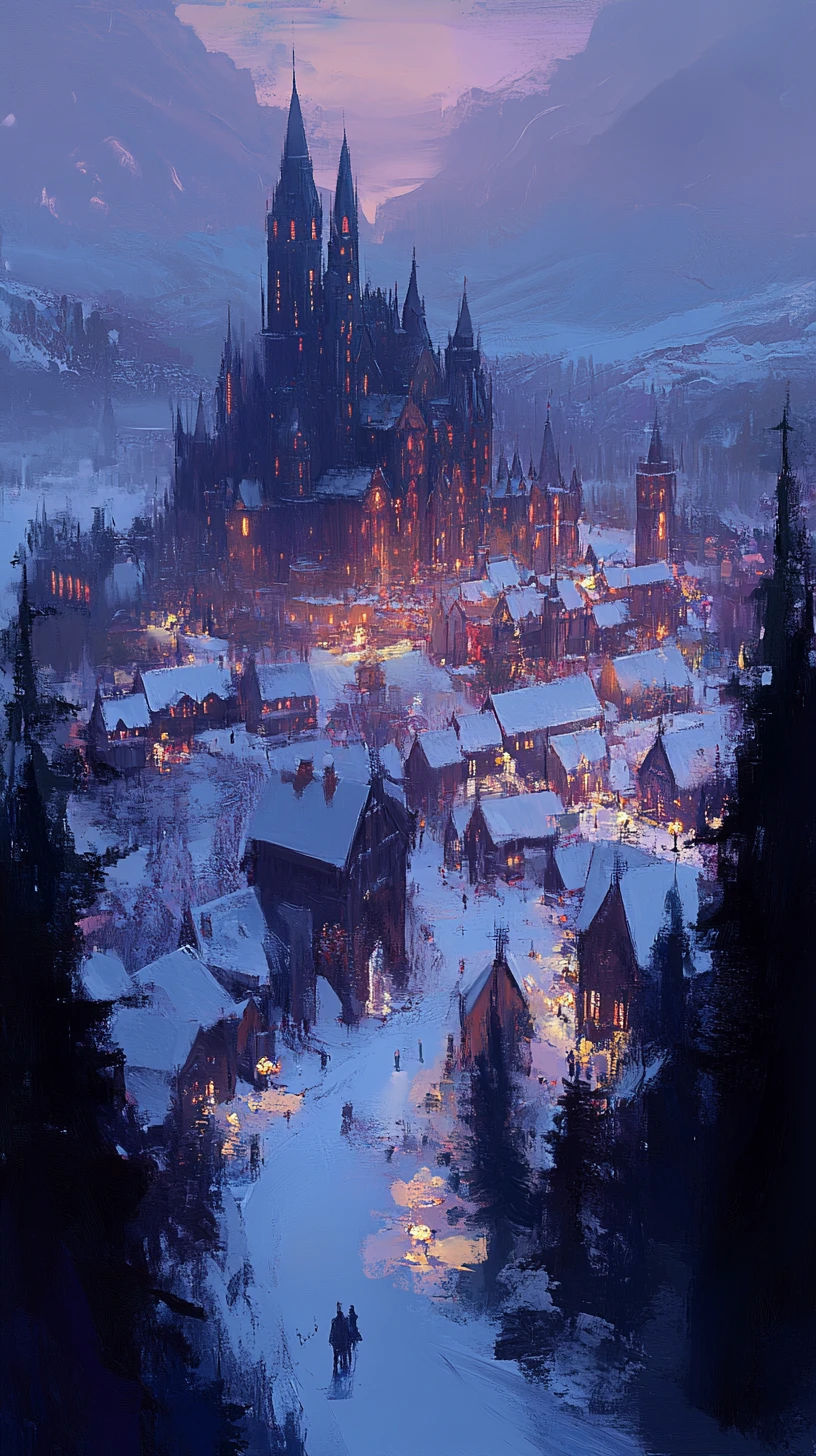 Medieval castle and armies under a dramatic winter sky