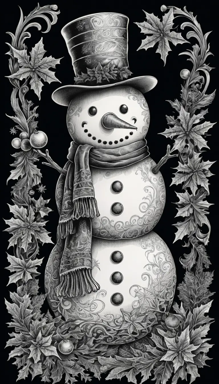 Intricate Black And White Ink Drawing Of A Snowman