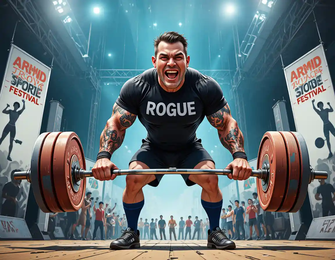 Strongman hebt schwere Hantel auf Sportfestival