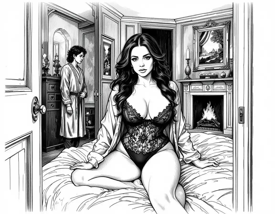 Glamorous brunette woman in lingerie at a bedroom door