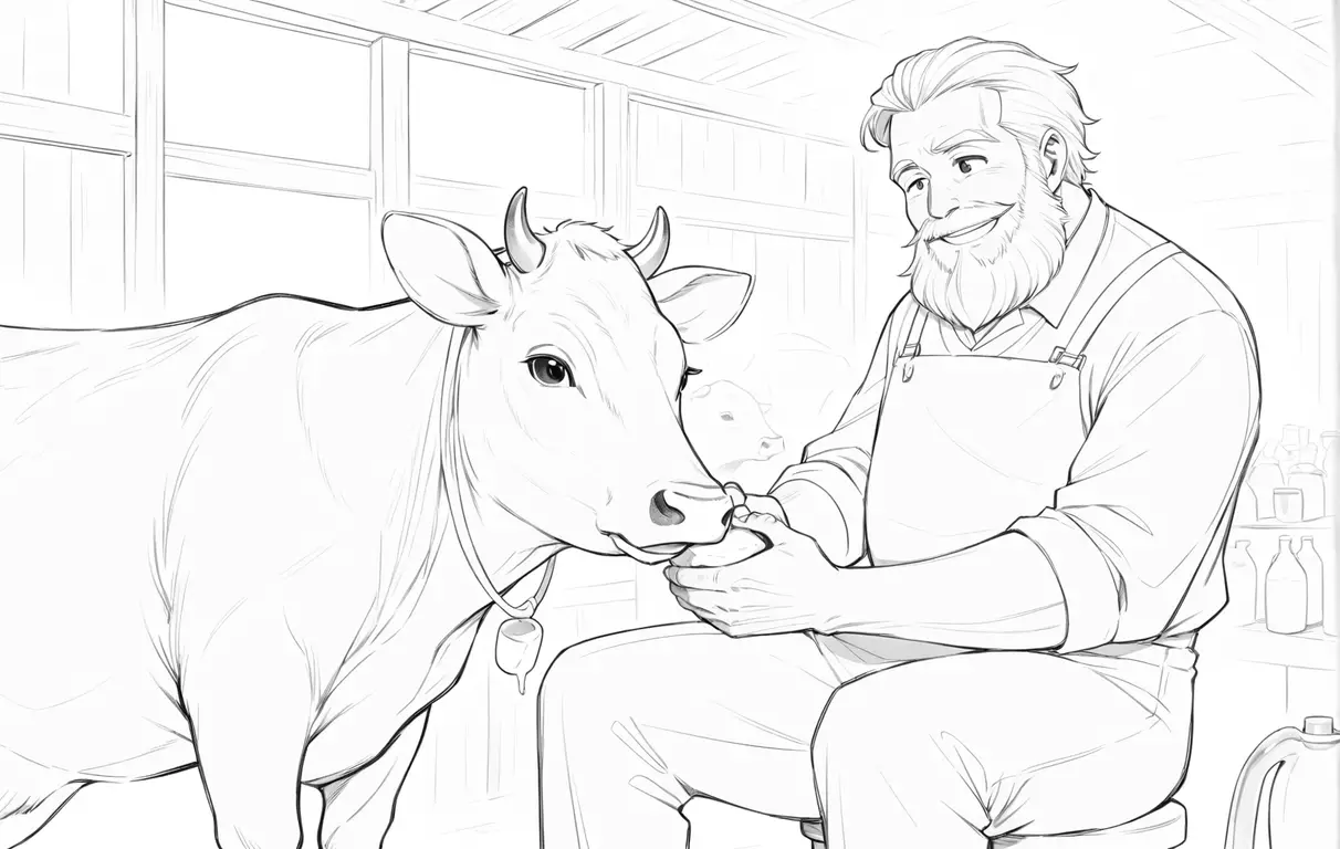 Happy grandfather milking a cow in a rustic barn