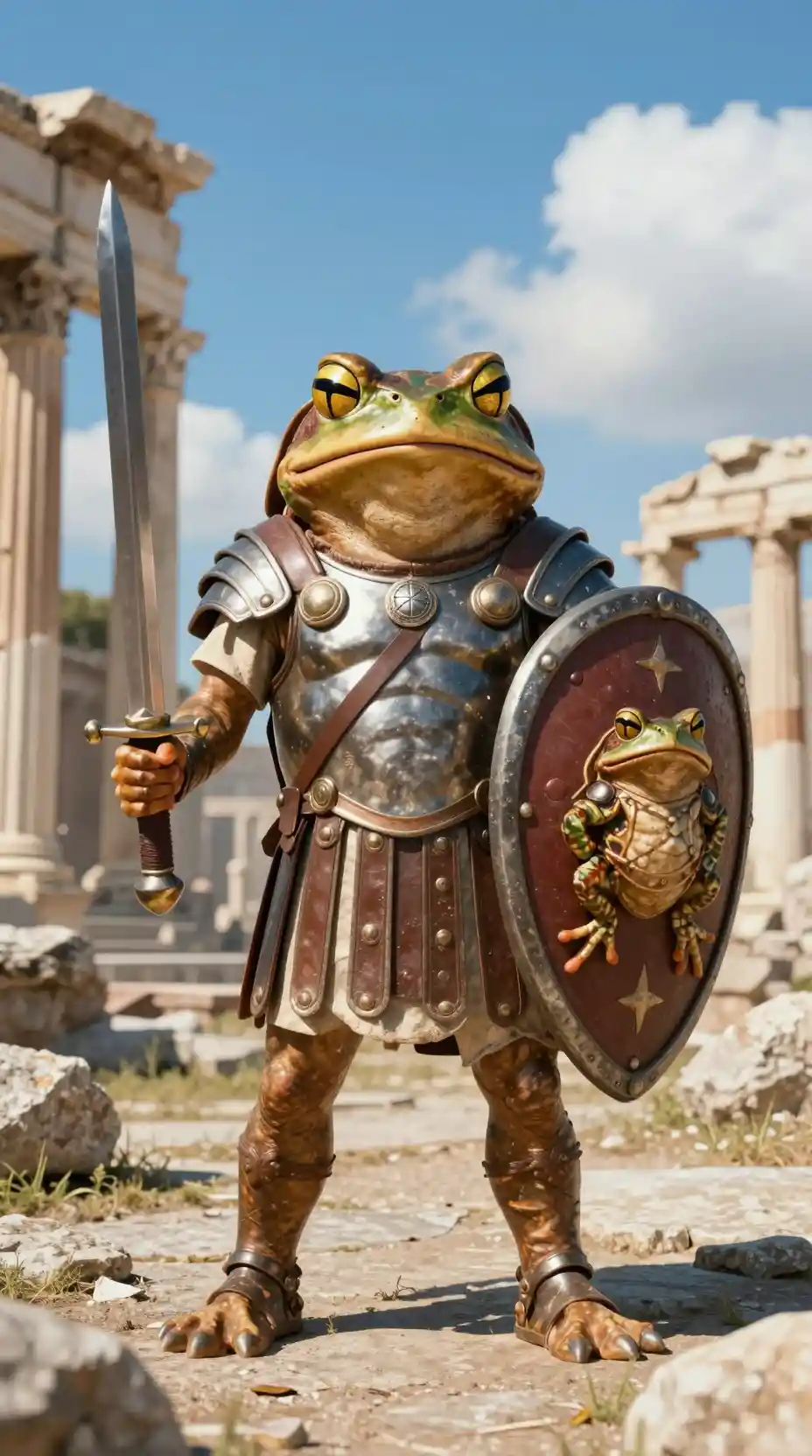 Armored toad warrior standing in front of ancient roman ruins