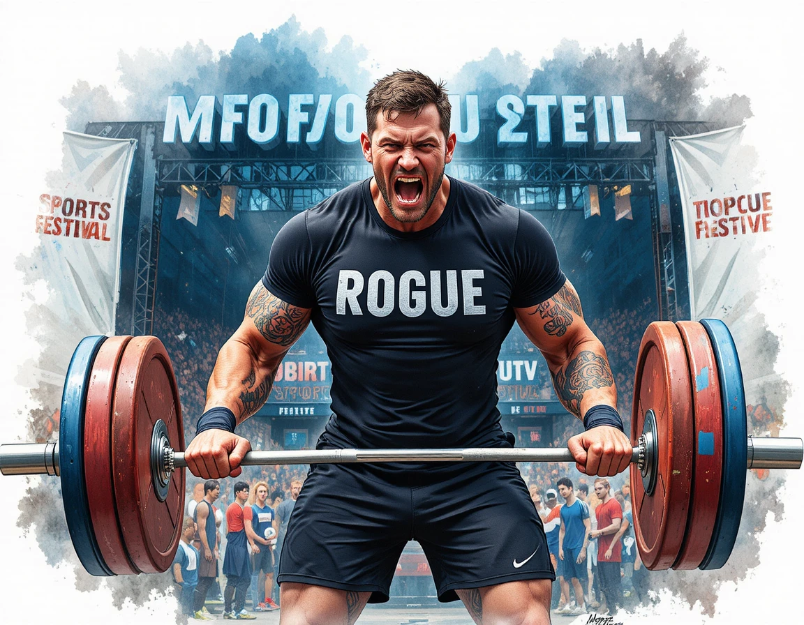 Muscular weightlifter straining in arena competition