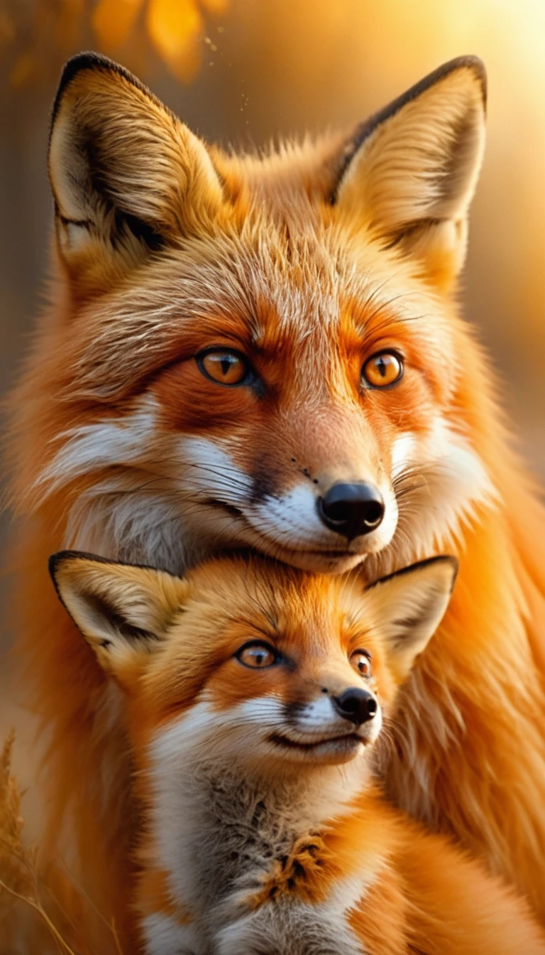 Tender fox mother cuddling her tiny baby in warm light