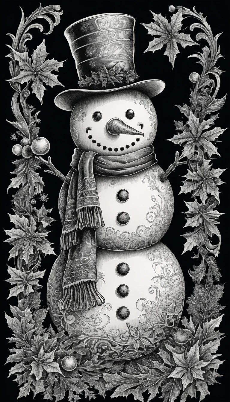 Intricate Black And White Ink Drawing Of A Snowman