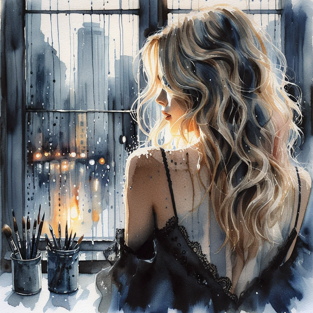 Watercolor woman by rainy window with city lights