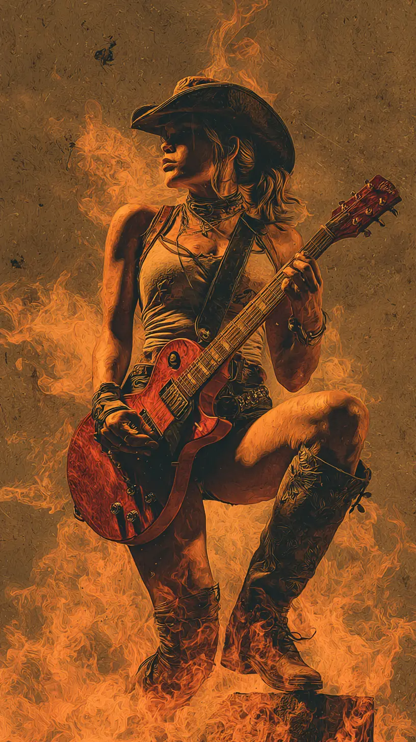 Cowgirl guitarist kneeling in roaring flames with dramatic light
