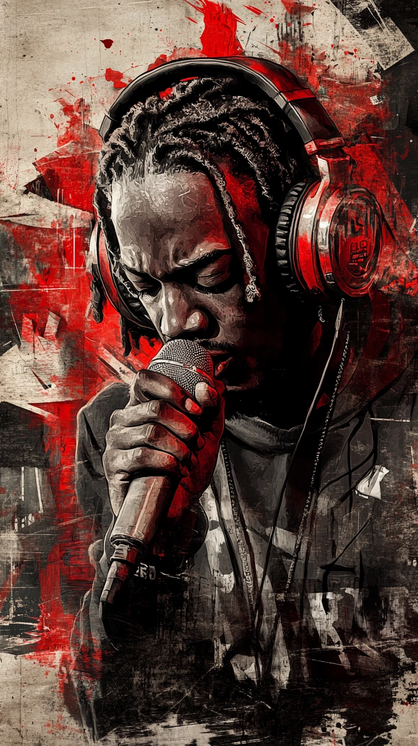 Hip hop artist performing into vintage microphone in graffiti chaos