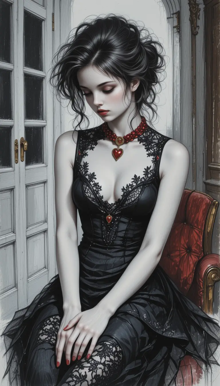 Melancholic Woman In Black Lace Dress In Vintage Interior