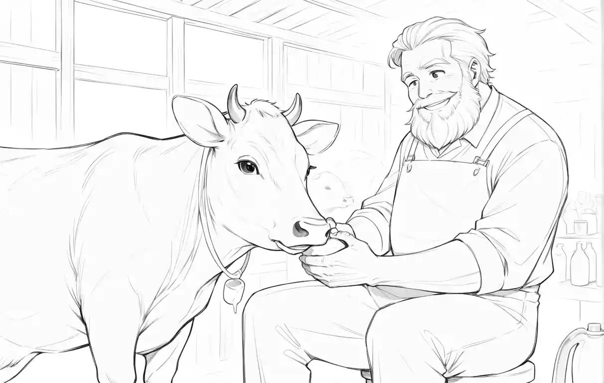 Nonno felice che munge una mucca in una stalla rustica