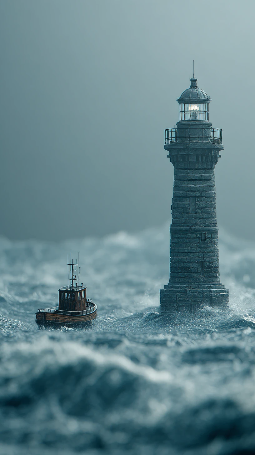 Small tugboat passing a looming lighthouse in stormy seas