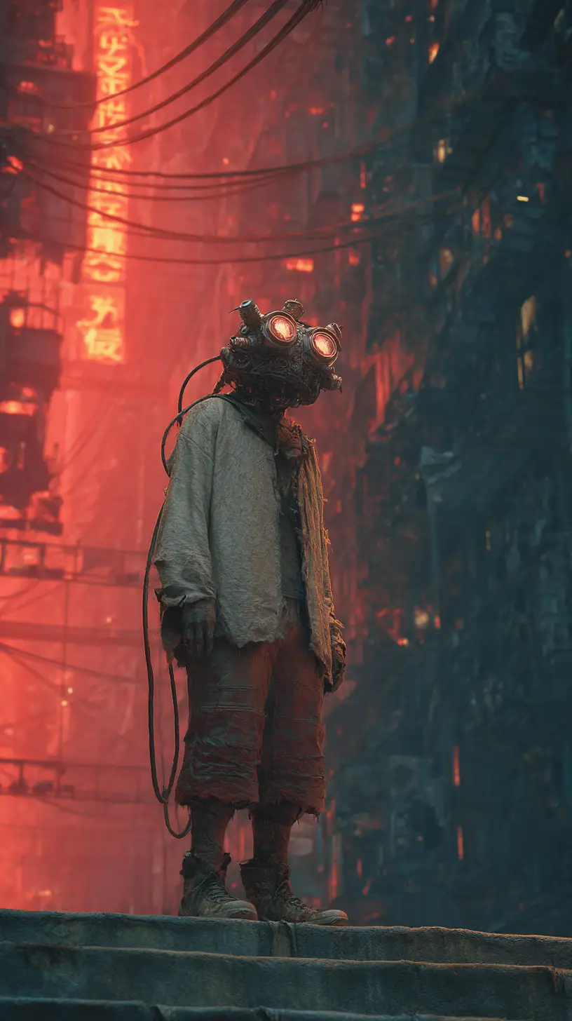 Skinny man in dystopian alien city at night